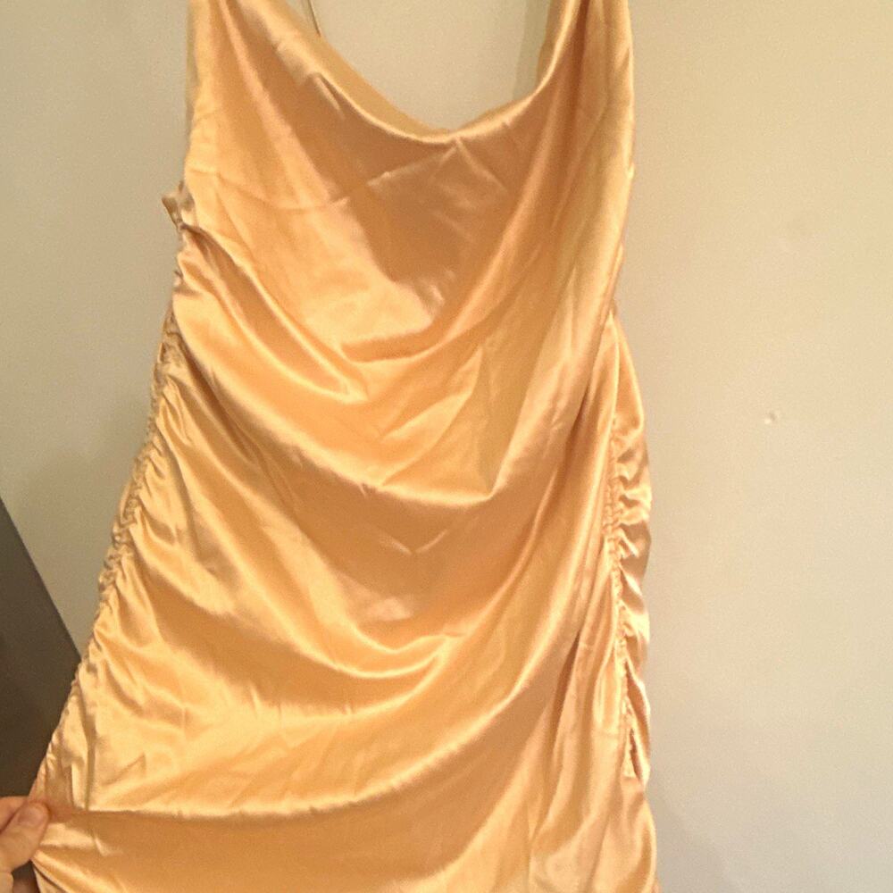 LEAU Champagne Solid Satin Ruched Cowl Neck Slip Mini Dress Adjustable Straps L
